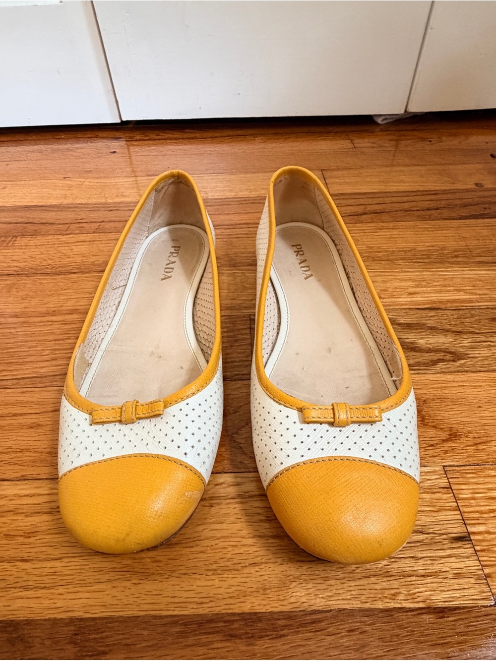 Prada Vintage Perforated Leather Ballet Flats White Yellow Bow IT 38